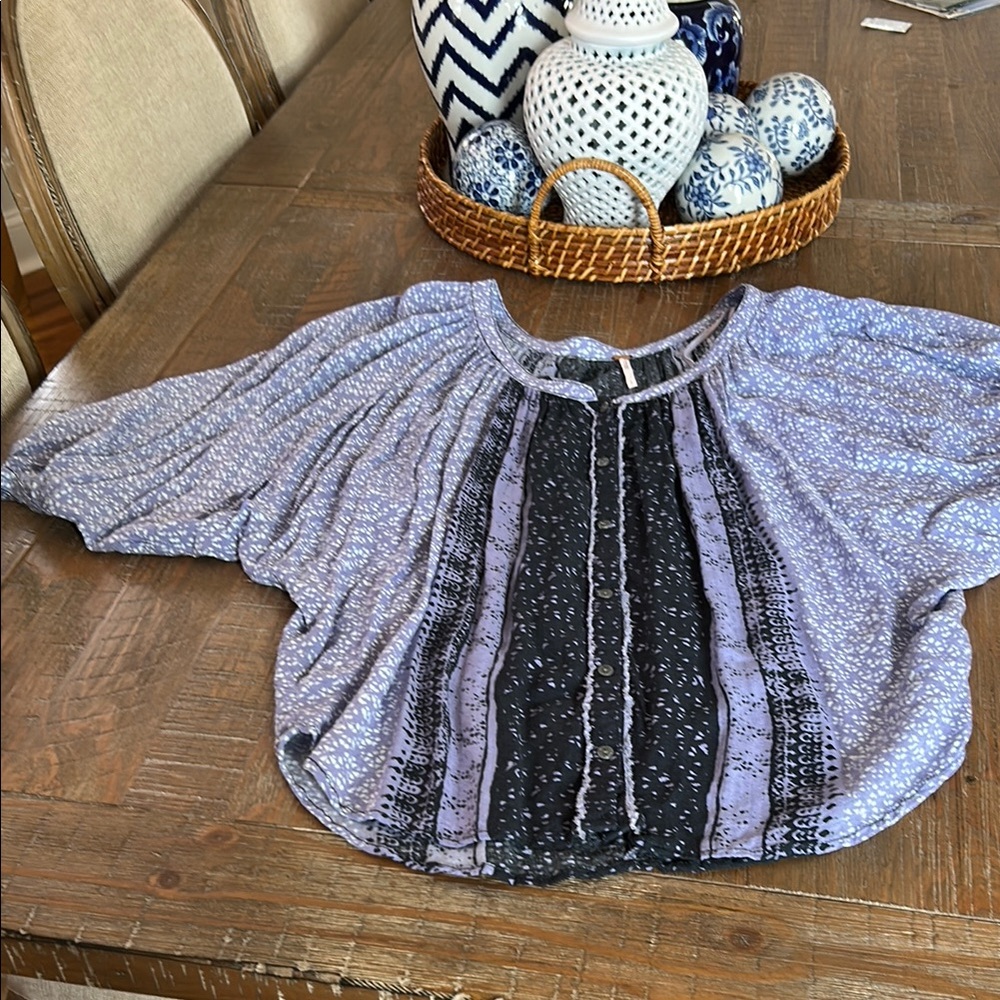 Free People Purple and Black Puff Sleeve Blouse